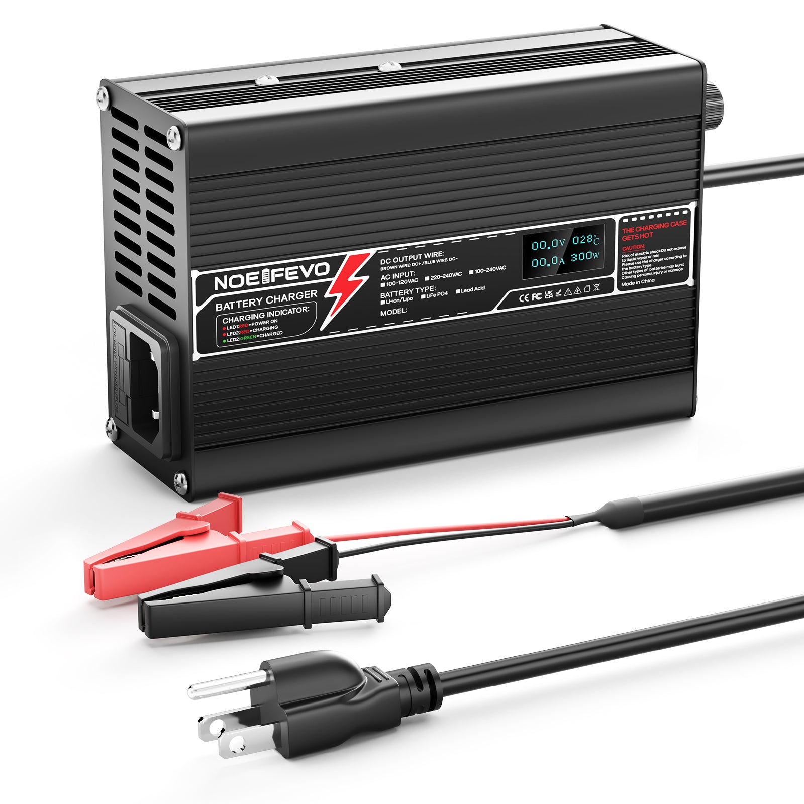 NOEIFEVO 24V 10A Lithium LiFePO4 Battery Charger, Charging Voltage 29.2V, with fan, aluminum housing, LCD screen