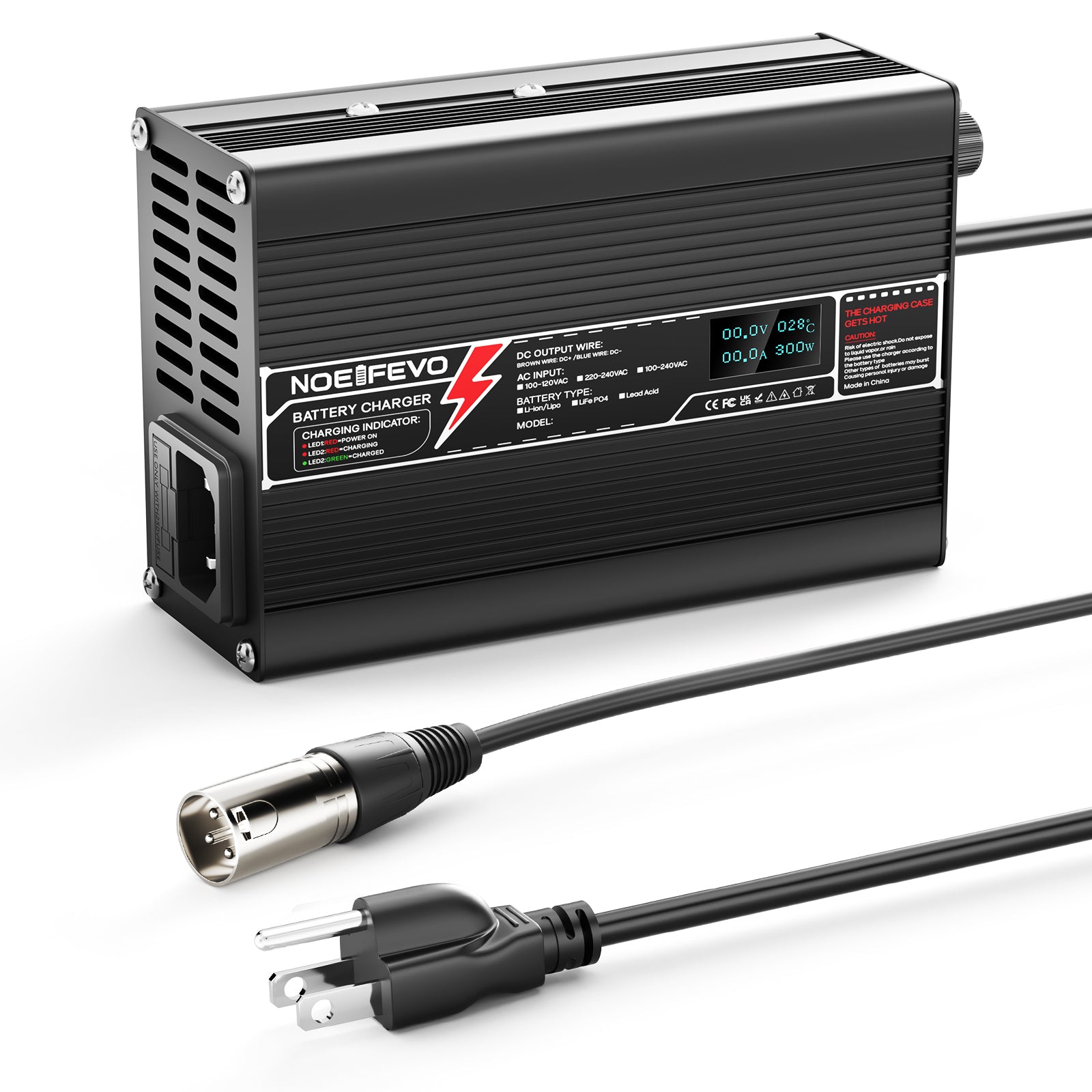 NOEIFEVO 24V 10A Lithium LiFePO4 Battery Charger, Charging Voltage 29.2V, with fan, aluminum housing, LCD screen