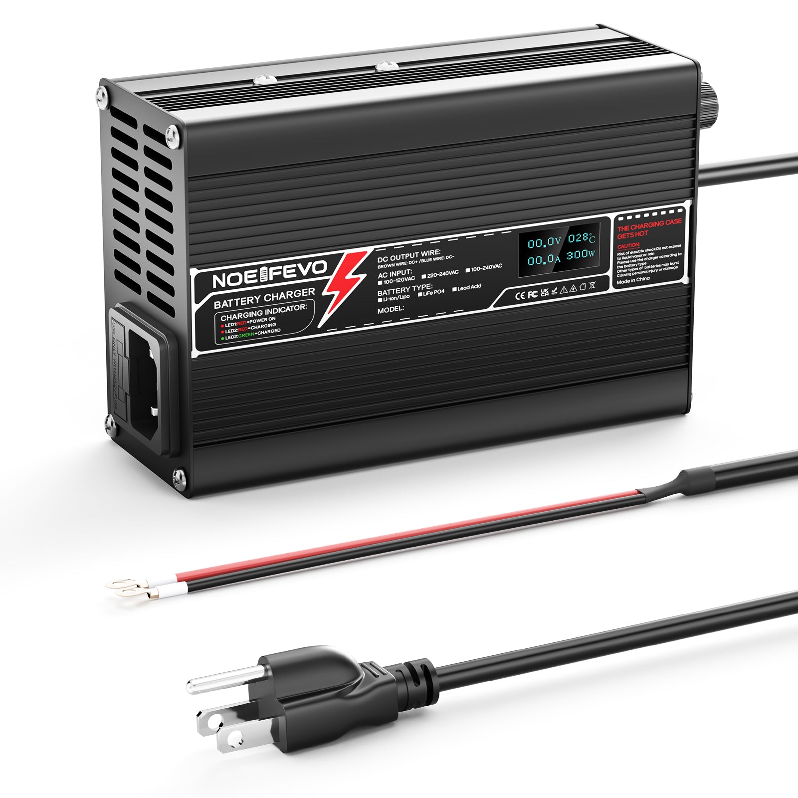 NOEIFEVO 24V 10A Lithium LiFePO4 Battery Charger, Charging Voltage 29.2V, with fan, aluminum housing, LCD screen