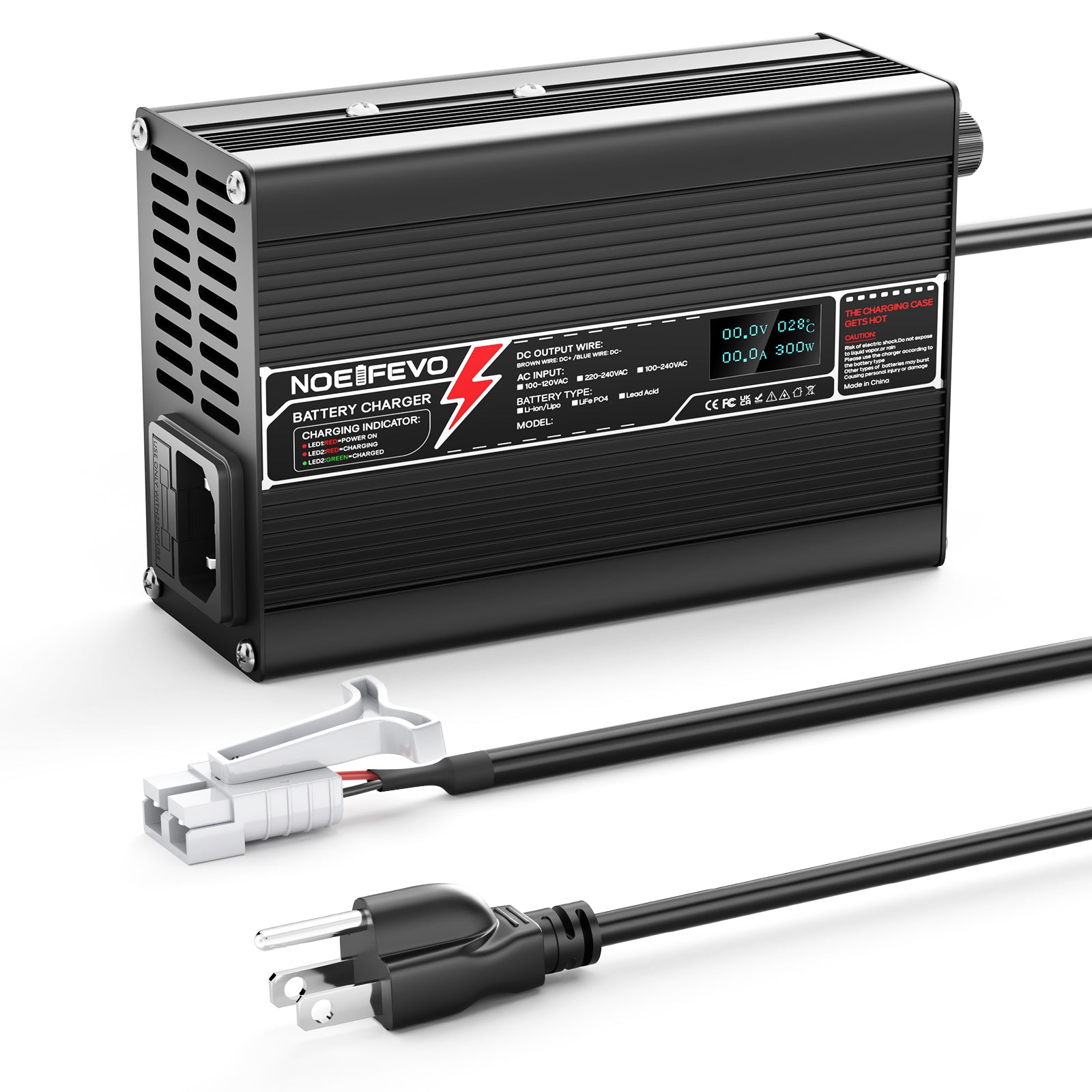 NOEIFEVO 24V 10A Lithium LiFePO4 Battery Charger, Charging Voltage 29.2V, with fan, aluminum housing, LCD screen